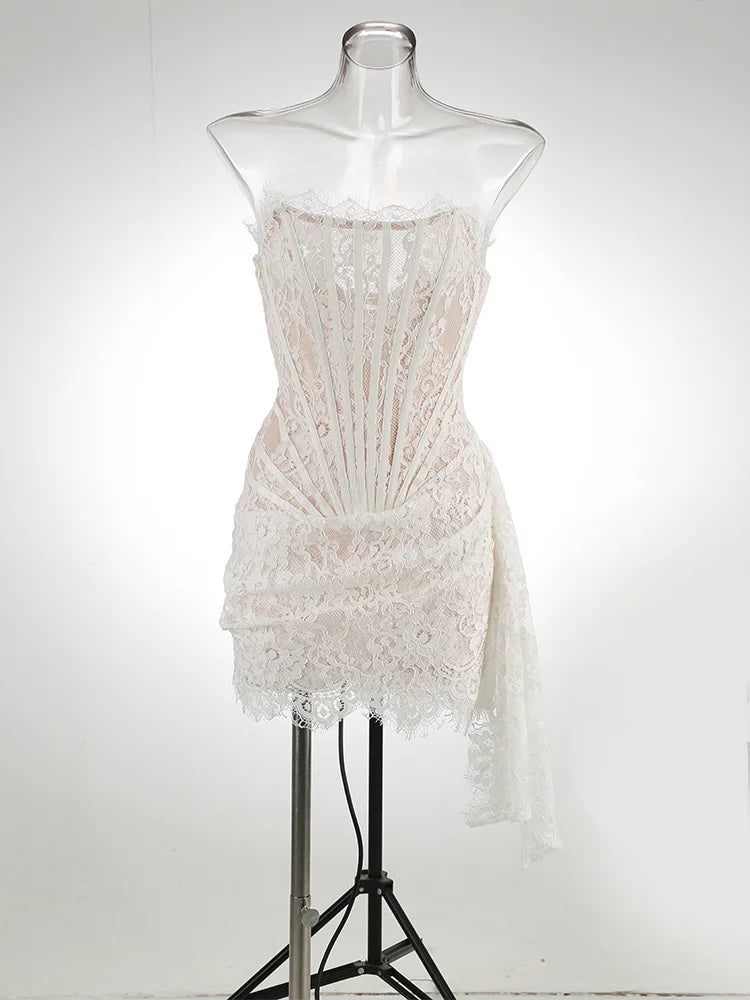 Strapless Lace Mini Dress – Elegant Sheer Patchwork Slim Fit Evening Dress