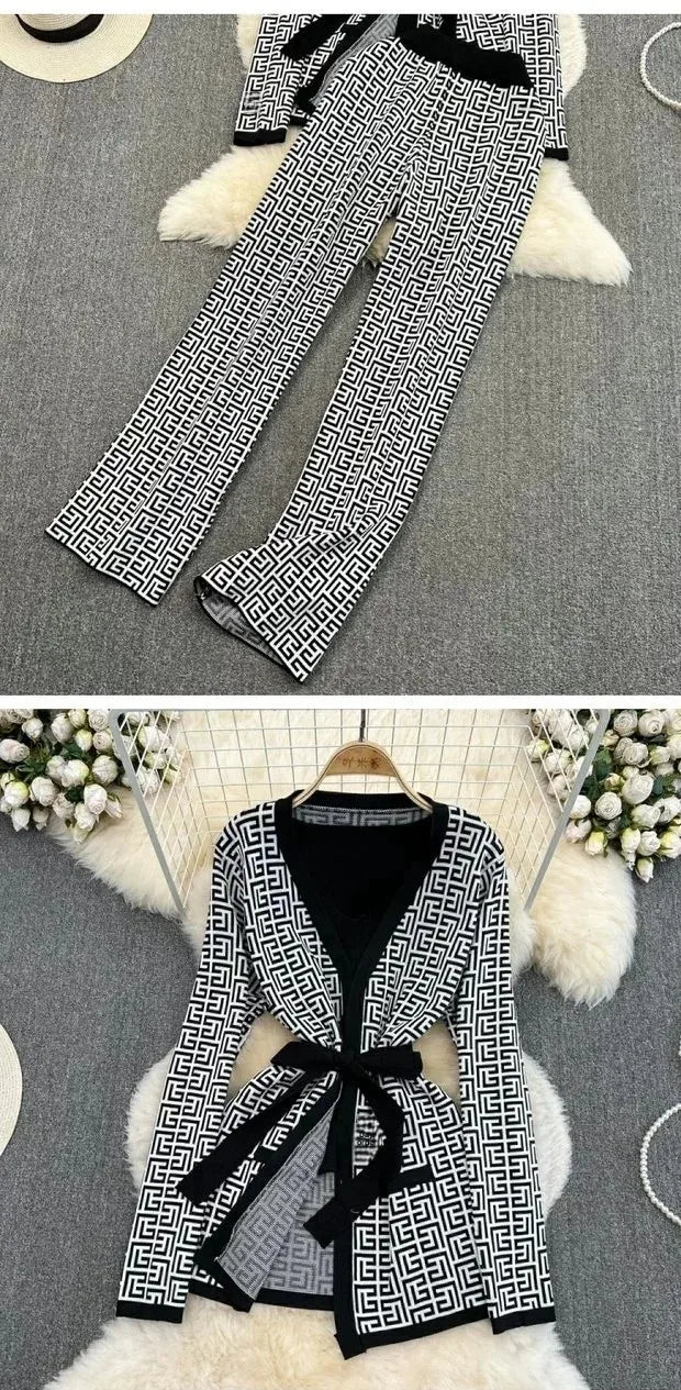 3-Piece Women’s Knitted Set: V-Neck Belted Cardigan & High-Waist Wide-Leg Pants