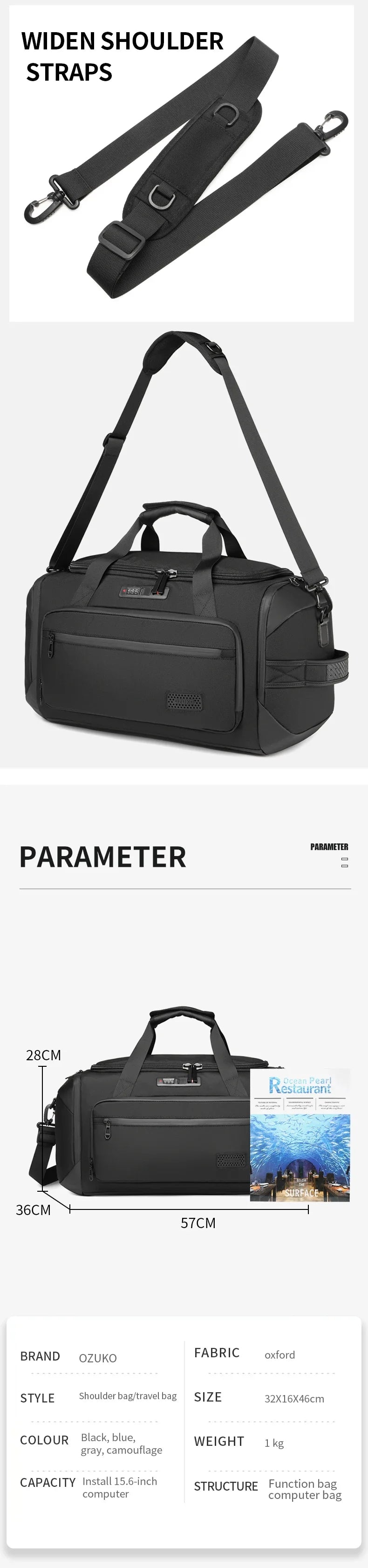 OZUKO Waterproof Bag Bagsmart Handbags Large Capacity Carry On Luggage Bags Men Business Duffel Shoulder Outdoor Tote Weekend