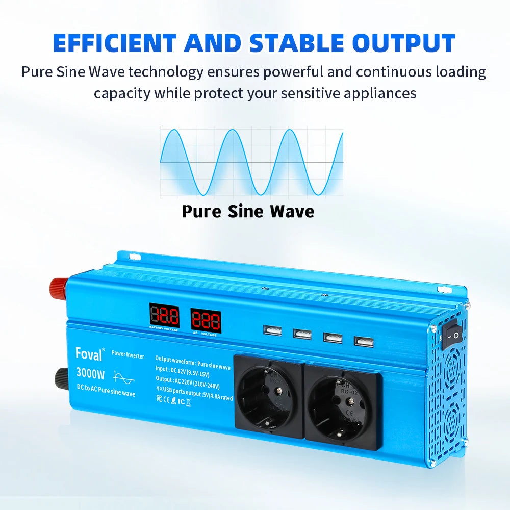 Pure Sine Wave Inverter | DC 12V to AC 220V | 1000W–3000W