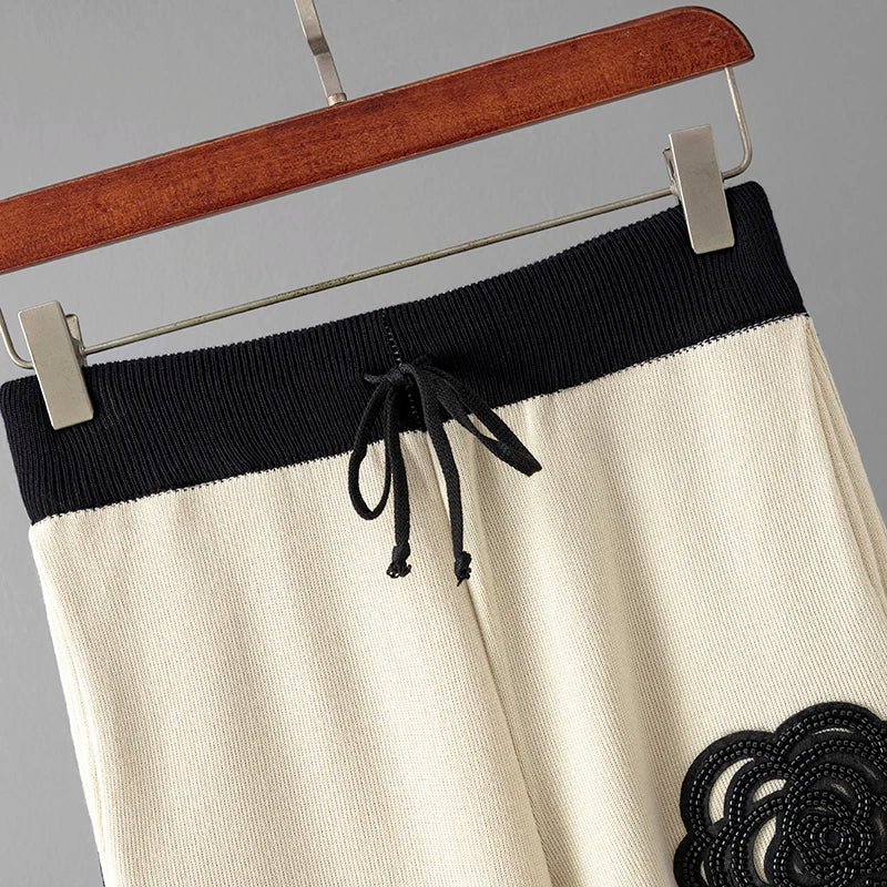 Autumn Color-Block Knit Set | Loose Split Top & Wide Leg Pants