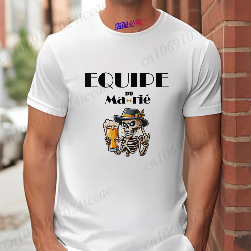 French Funny Single Farewell Bachelor Party T-shirt Wedding Beer Skeleton Tops Evg Team Married Tee Future Groom Man Squad Shirt