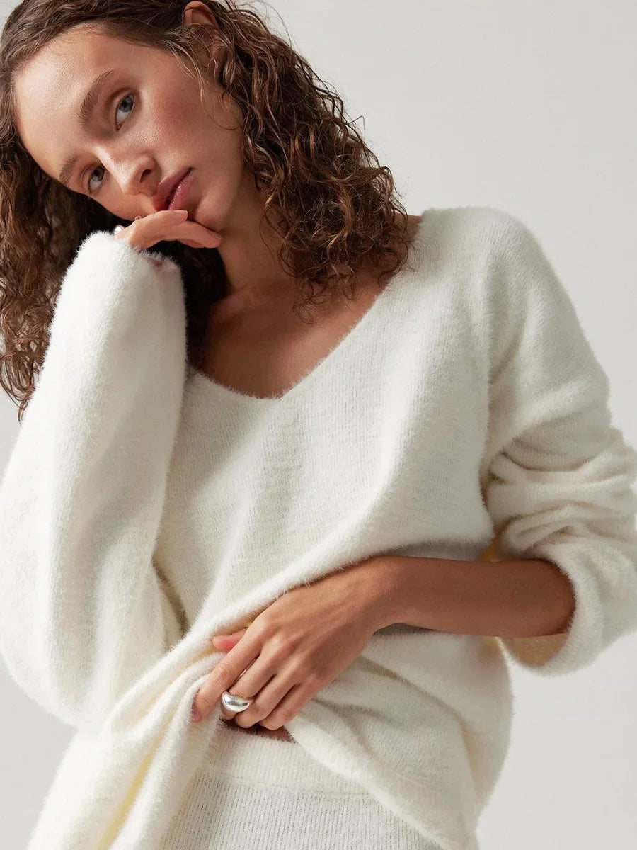 Wolfeel Autumn Winter Thick Women's Knitted V-neck Sweater+Skirt Sets Casual Sweater Warm Fashion Skirt Pullover 2-Pieces Sets