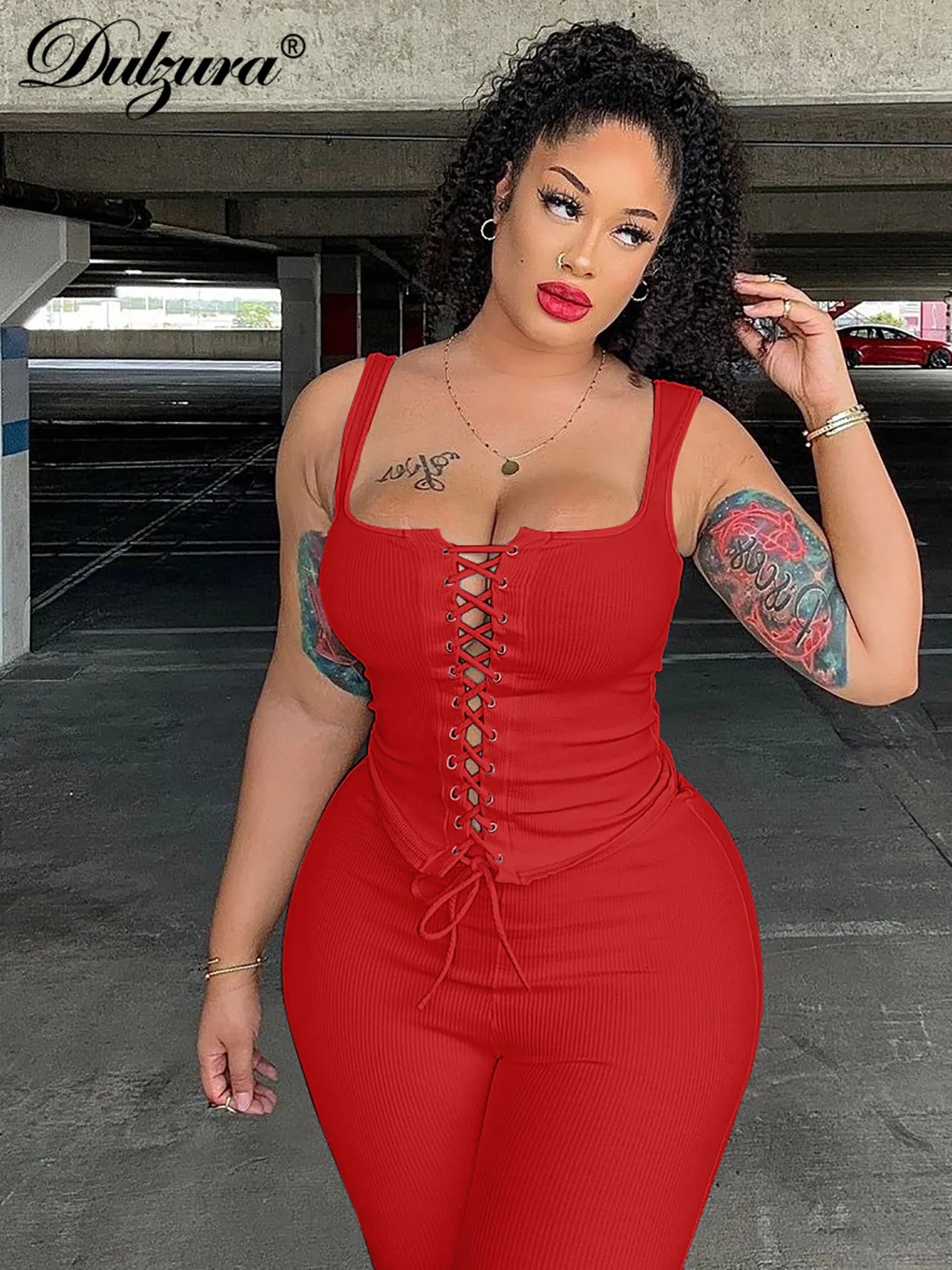 Dulzura Women’S Ribbed Sexy Casual 2 Piece Shorts Set Sleeveless Lace Up Crop Corset And Shorts Matching Set Party Clubwear