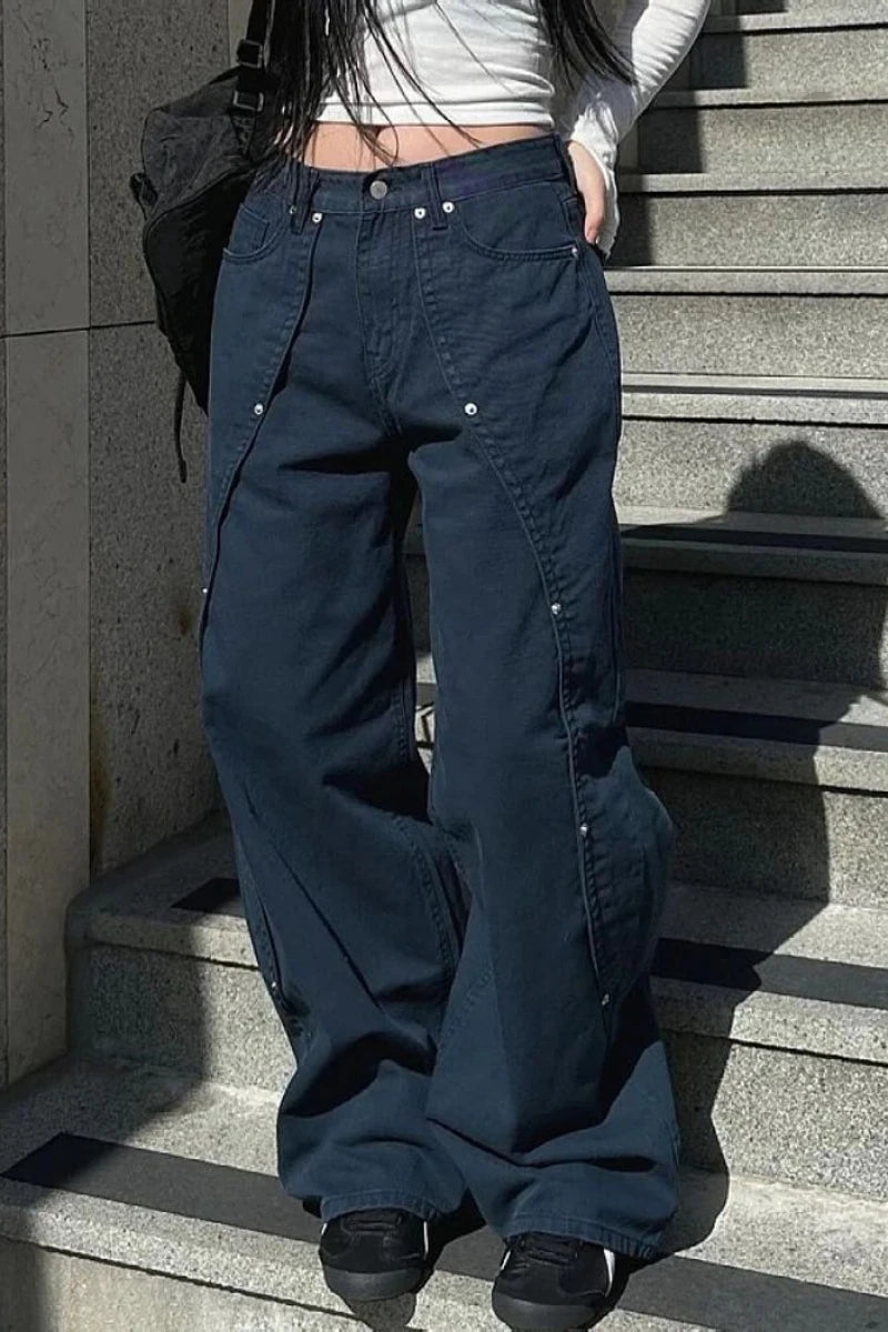 Vintage Rivet Patchwork Wide-Leg Jeans