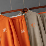 USA-Made Luxury Wool 2-Piece Set: Embroidered Horse Knit Jacket & Pants