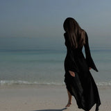 Womens V-Neck Ruffled Chiffon Beach Tunic - Long Sleeve Sunscreen Cover-Up Dress