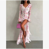 Flutter Sleeves Slim Long Dress Women Casual Pleated Deep V-neck Floral Print High Waist Dresses 2026 Lady Summer Holiday Wear