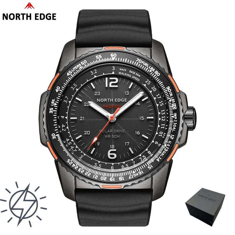 NORTH EDGE Gift Box Watch for Man Solar-powered PHOTON Fashion Quartz Watch Waterproof 50M Sport Silicone Strap Men Watch Reloj