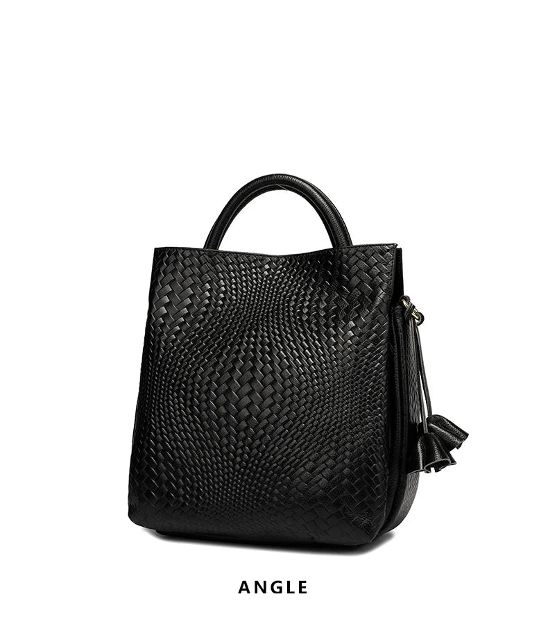 Fashionable and luxurious woven pattern casual versatile black woven pattern daily commuting cowhide women's handbag