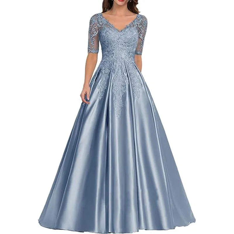 A Line Women Evening Dresses Satin Appliques V Neck Prom Party Gowns Formal Occasion robes de soirée
