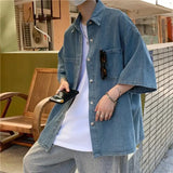 Men's Loose Fit Short Sleeve Denim Shirt Thin Summer Fashion Hong Kong Style Seven Sleeve Outerwear Trendy Casual Shirt