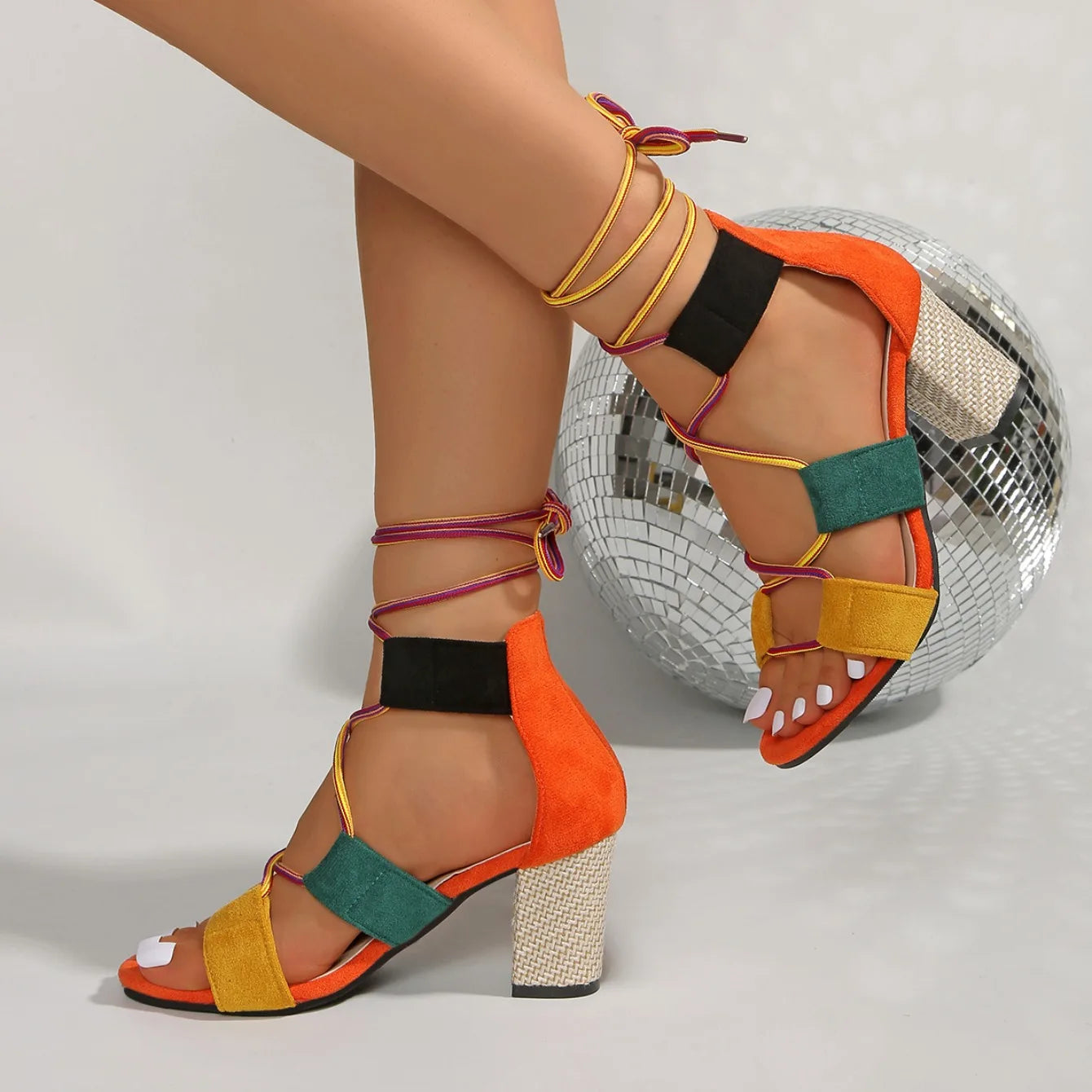 Women's Chunky High Heel Sandals — Open Toe Woven Ankle Strap
