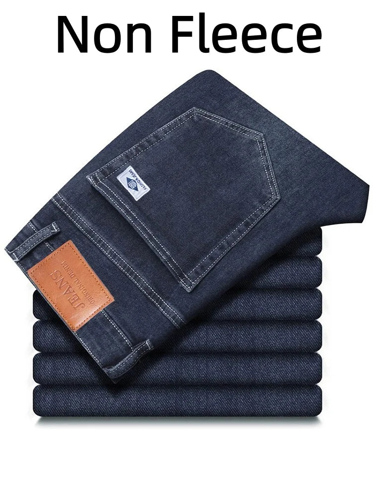 Men's Winter Fleece Thicken Lightweight Business Straight Leg Jeans Solid Color Versatile Slight Elastic Long Pants