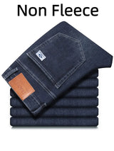 Men's Winter Fleece Thicken Lightweight Business Straight Leg Jeans Solid Color Versatile Slight Elastic Long Pants