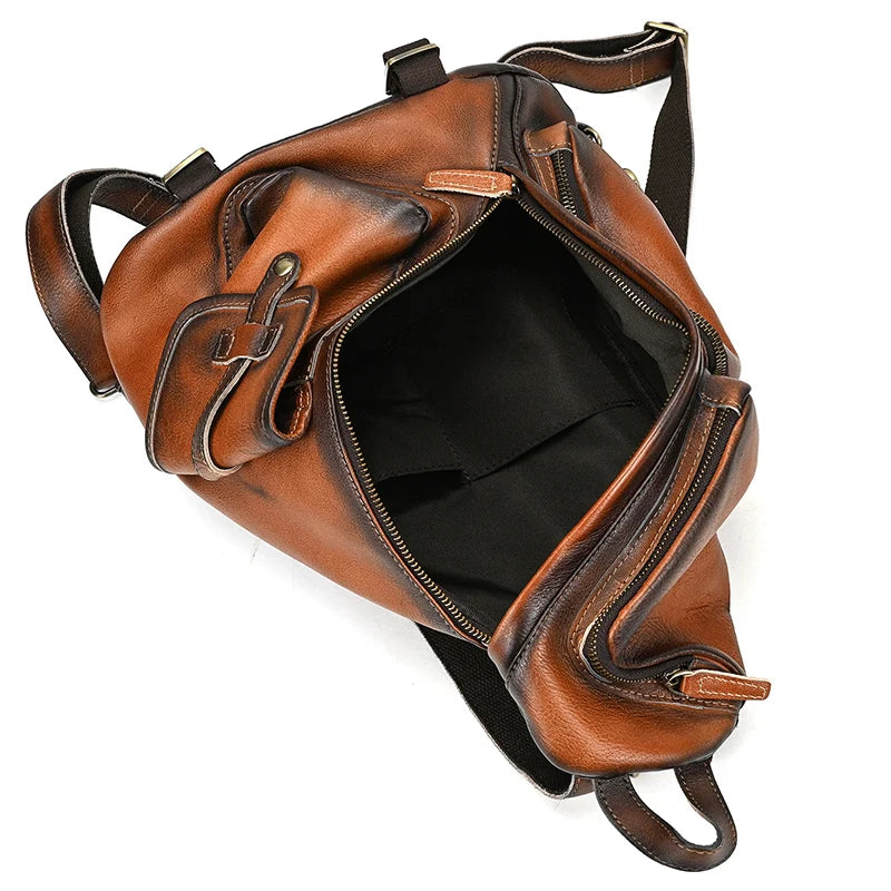 Single Shoulder Bagpack Genuine Leather Chest Bag Outdoor Riding Bag Chest Packs For Biker Men Male Sling Bags Cow Leather