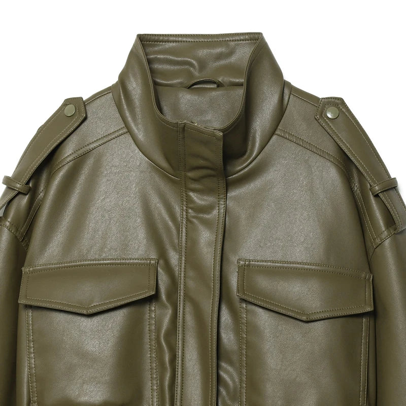 Women's Jacket Faux Leather Jacket Green Women's Demi-Season Jacket Outerwears Women's Autumn New In Coat Windbreaker Streetwear
