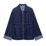 Chic Blue Denim Jacket – USA-Made Casual Lapel Outerwear with Pockets