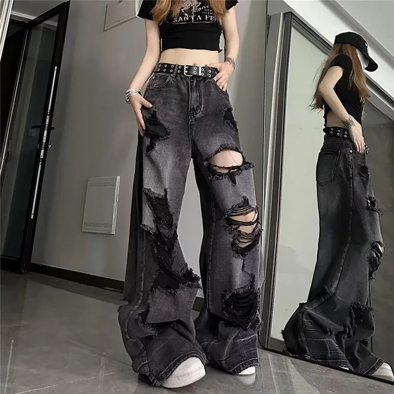 Vintage Black Ripped Wide-Leg Jeans for Women