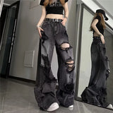 Vintage Black Ripped Wide-Leg Jeans for Women