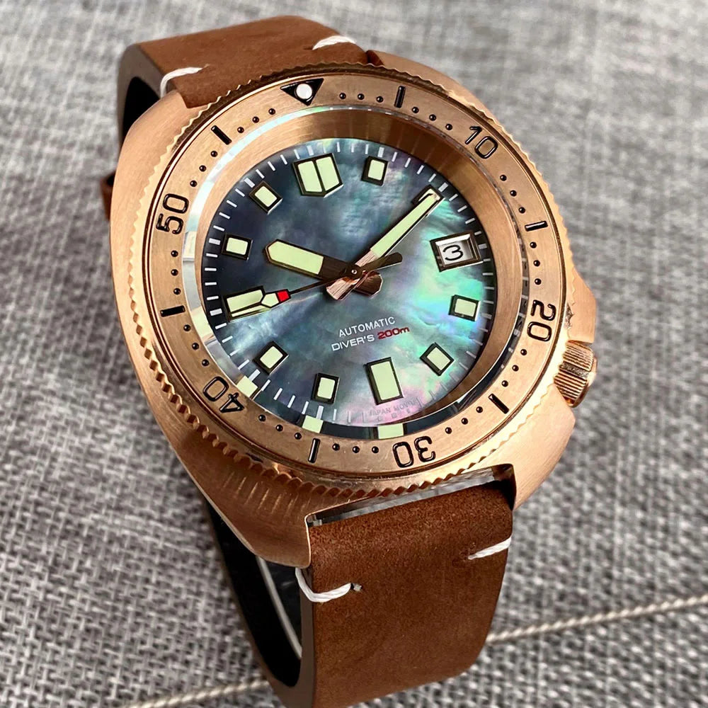 Mother of Pearl Material Green Luminous Dial CuSn8 Solid Bronze Turtle Sapphire Glass Diver Japan NH35 Watch 200m Waterproof