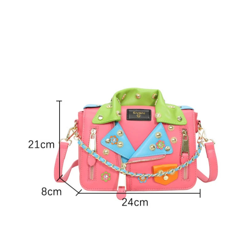 Jacket Collar Shaped Crossbody Shoulder Bag,Women Metal Flower Studded Handbag ,Niche Designer Streetwear Fashion Rivet Tote Bag