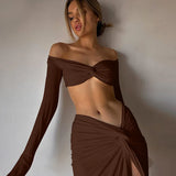 Cryptographic Ruched Long Sleeve Cropped Top and Skirt Co-ords Set Elegant Fashion Club Outfits Asymmetric Split Matching Sets