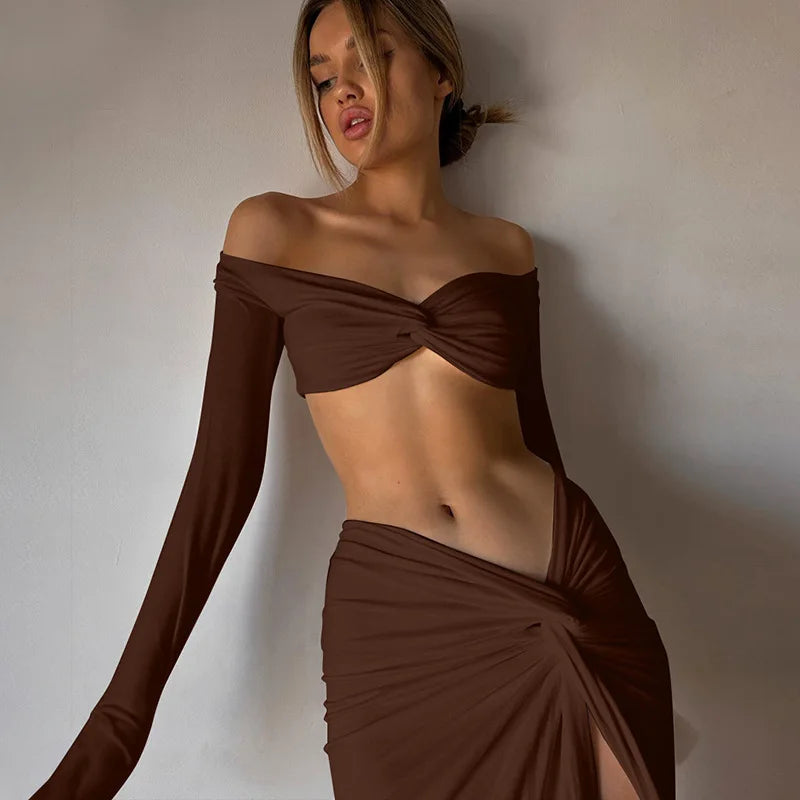 Cryptographic Ruched Long Sleeve Cropped Top and Skirt Co-ords Set Elegant Fashion Club Outfits Asymmetric Split Matching Sets