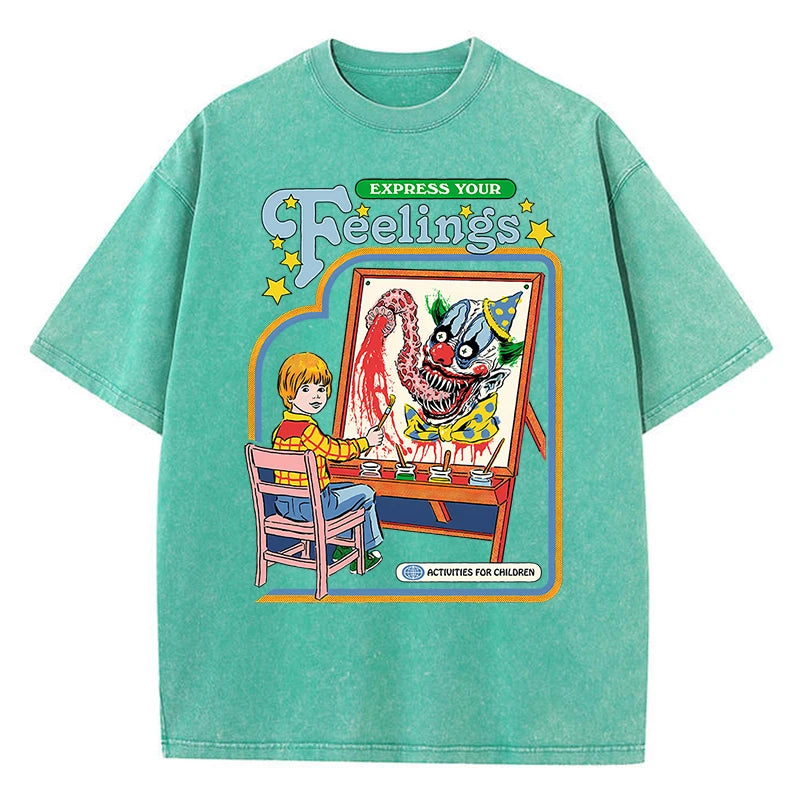 Unisex Washed Vintage Clown Graphic Cotton T-Shirt