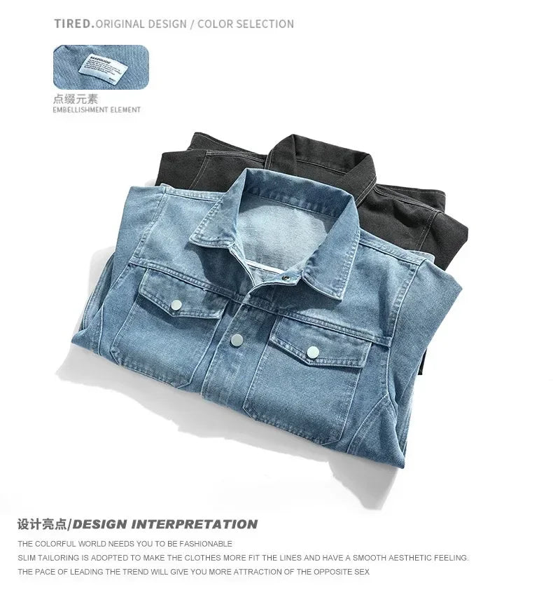 Autumn Men Solid Workwear Denim Jackets Fashion Motorcycle Vintage Jeans Jackets Hommes Slim Fit Cotton Casual Black Blue Coats