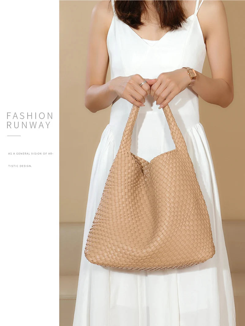 2025 Women Bag Luxury PU Leather Handbag Lady Fashion Handmade Knitting Tote Female Hand-woven Basket Shoulder Bag with Purse