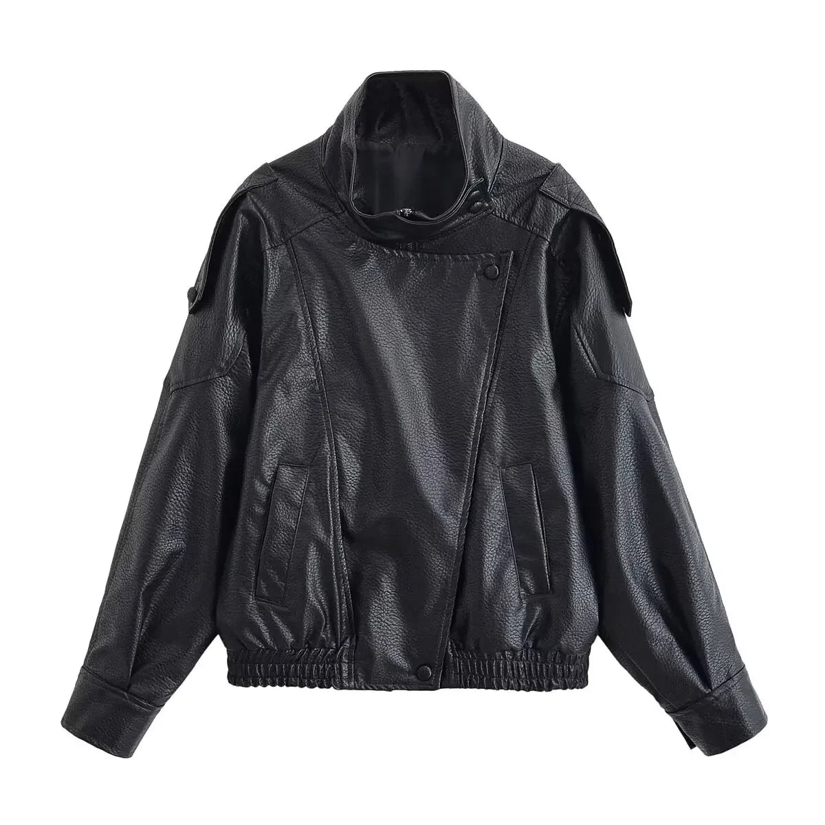 HH 2026 Women Trend Pu Leather Black Coats Stand Collar Long Sleeve Zipper Jacket Woman Fashion Vintage High Street Pu Jackets