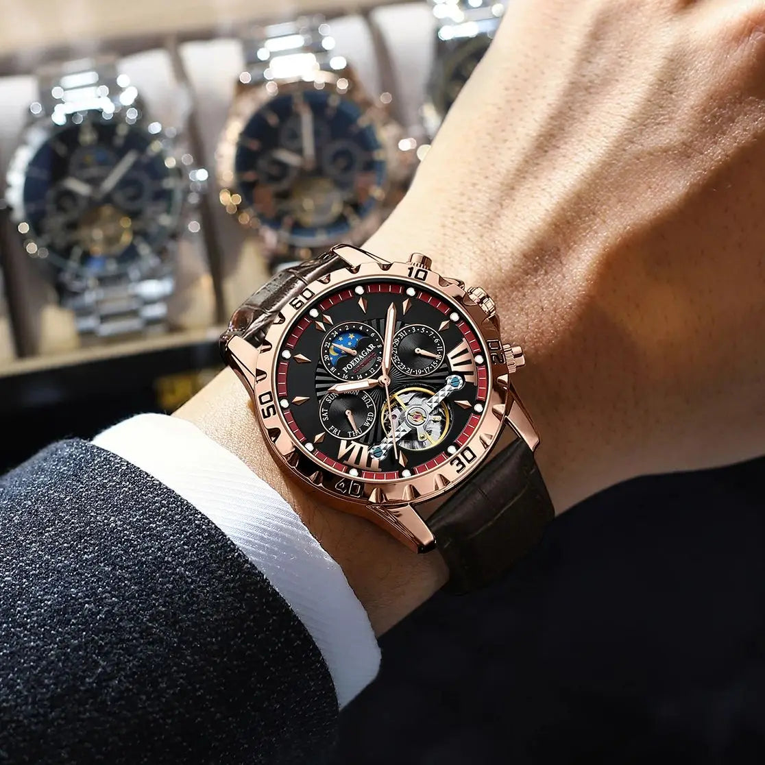 POEDAGAR Luxury Automatic Male Watch Date Week Luminous Waterproof Tourbillon Men Watch Leather Fashion Mechanical Men's Watches