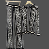 Geometric Knit Hoodie & High-Waist Wide-Leg Pants Set