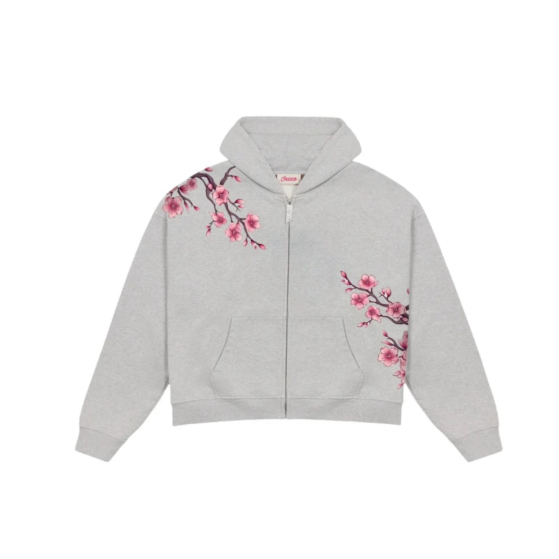 Cherry Blossom Embroidered Zip-Up Hoodie
