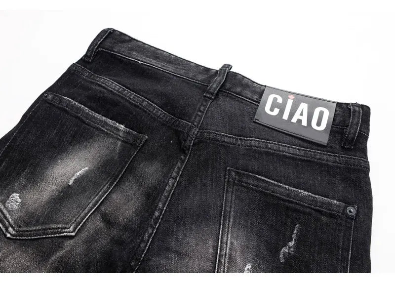 Men's Slim-Fit Distressed Black Grey Denim Jeans