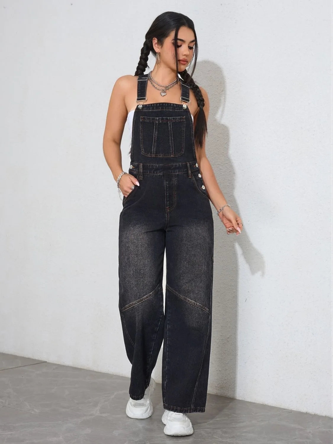Vintage Black Denim Wide-Leg Jumpsuit – Loose Fit Oversized Overalls