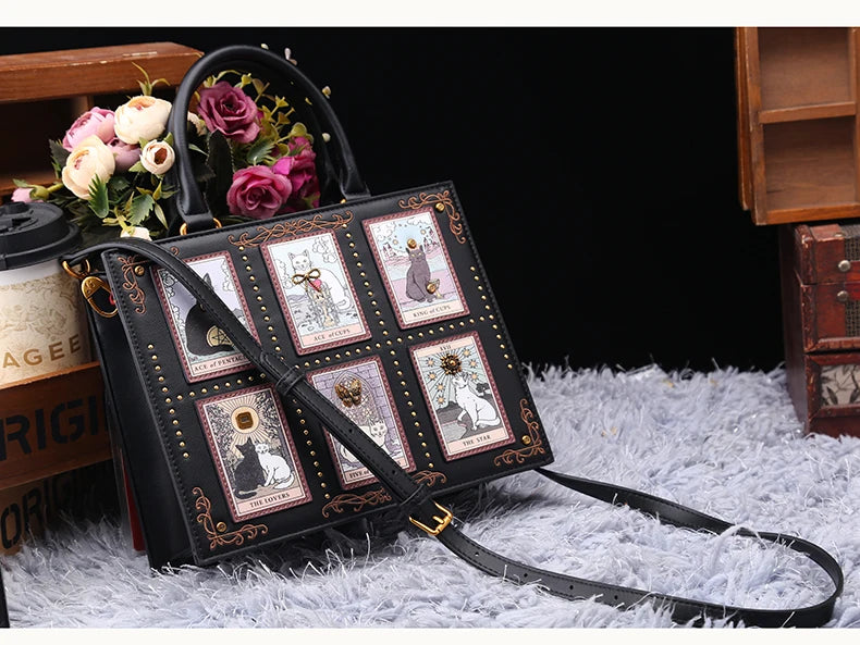 Vintage Luxury Leather Tote – Designer Cat Embroidery Shoulder Bag