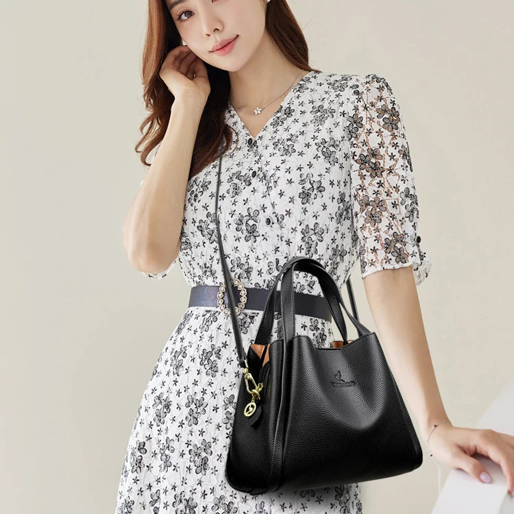 Genuine Brand Sturdy Durable Soft Leather Top-handle Bags Female Handbags Women 3 Layer Shoulder Crossbody Totes Messenger Bag