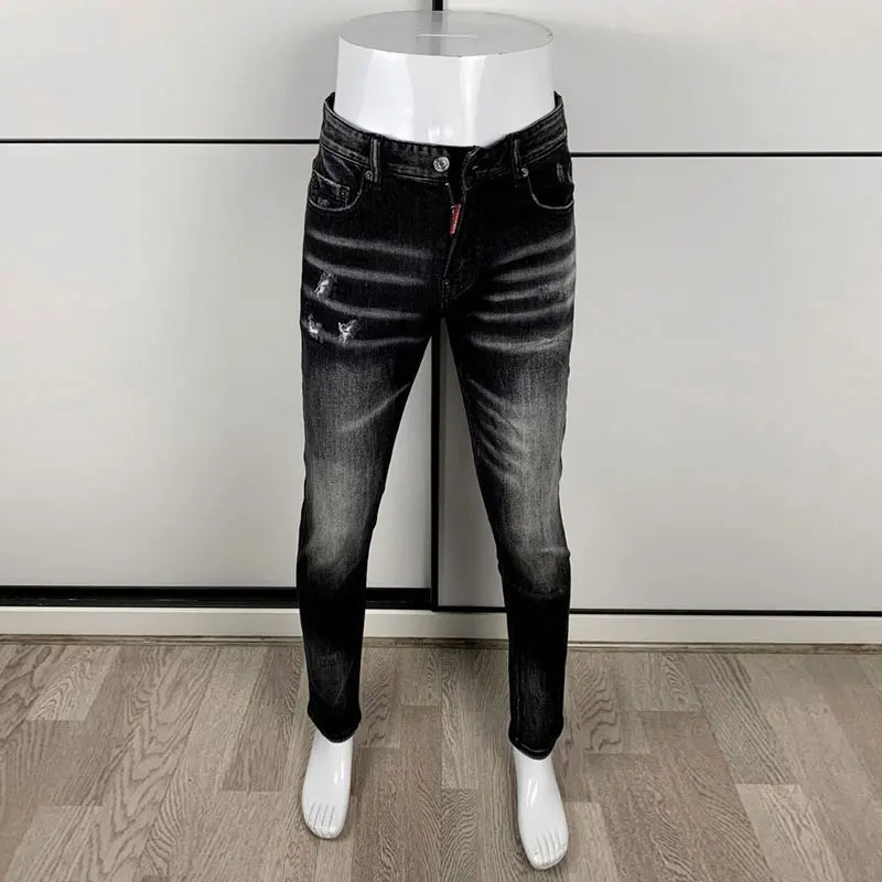 Men's Slim-Fit Distressed Black Grey Denim Jeans