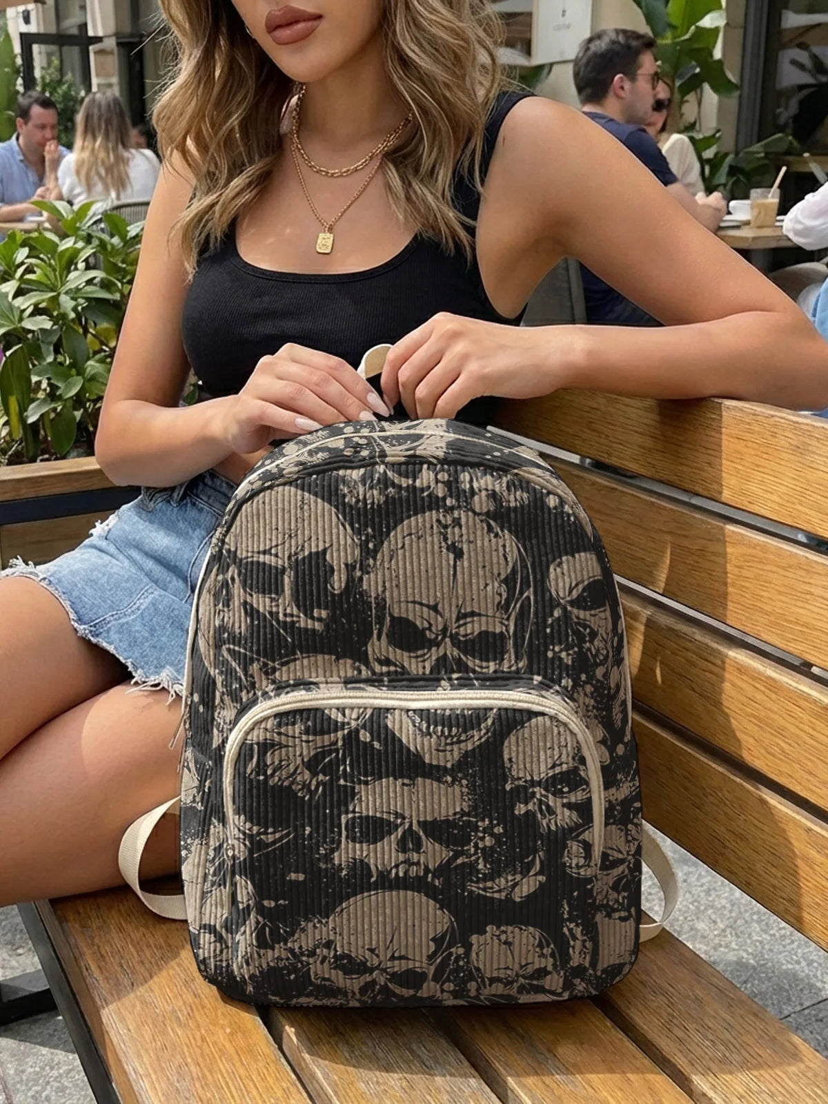 Gothic Skull Allover Print Women Fashion Backpack Corduroy Multi-pocket Large Capacity Commuter Bag