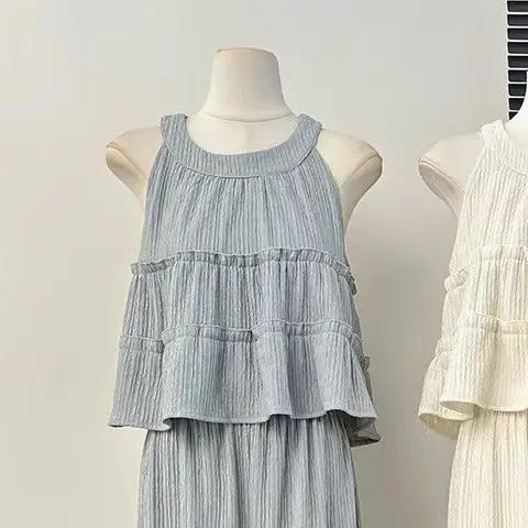 Faionable round Ne Svel Top High Waist Straight Leg Pants Women's Summer New Sle Korean Version Two-Piece Set