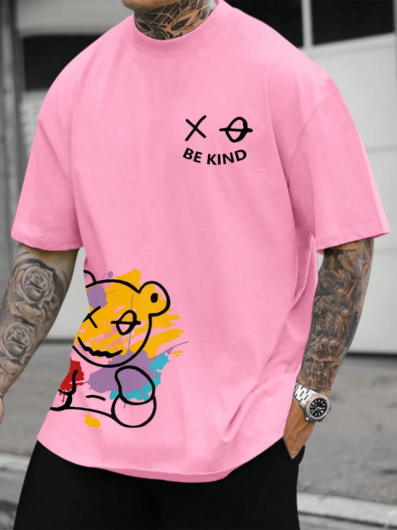 Men’s 100% Pure Cotton "BE KIND" Cartoon Print Loose Fit T-Shirt