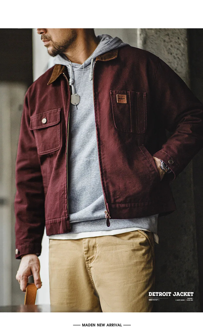 Maden Retro Heavyweight Canvas Detroit Jacket Corduroy Collar Hunting Short Zip-Up Jacket with Pockets Men's Autumn Outerwear