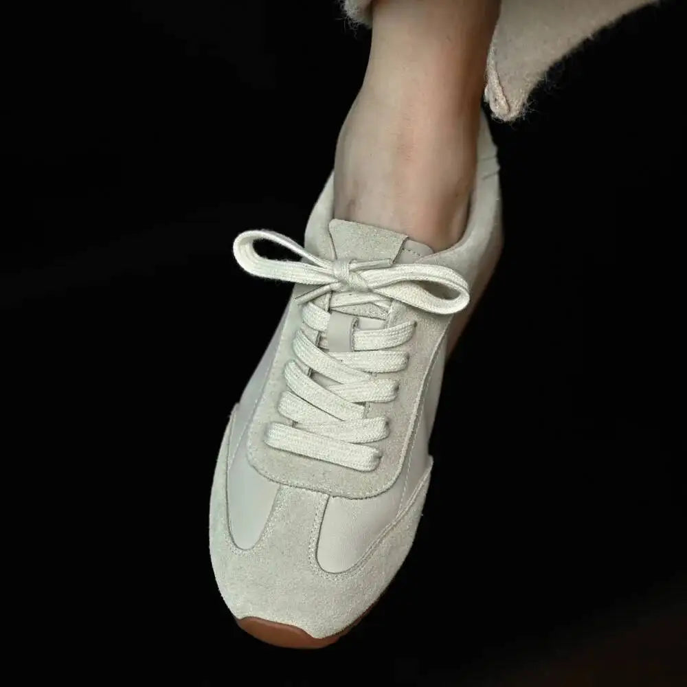 Women's Genuine Leather Retro Lace-Up Flat Sneakers
