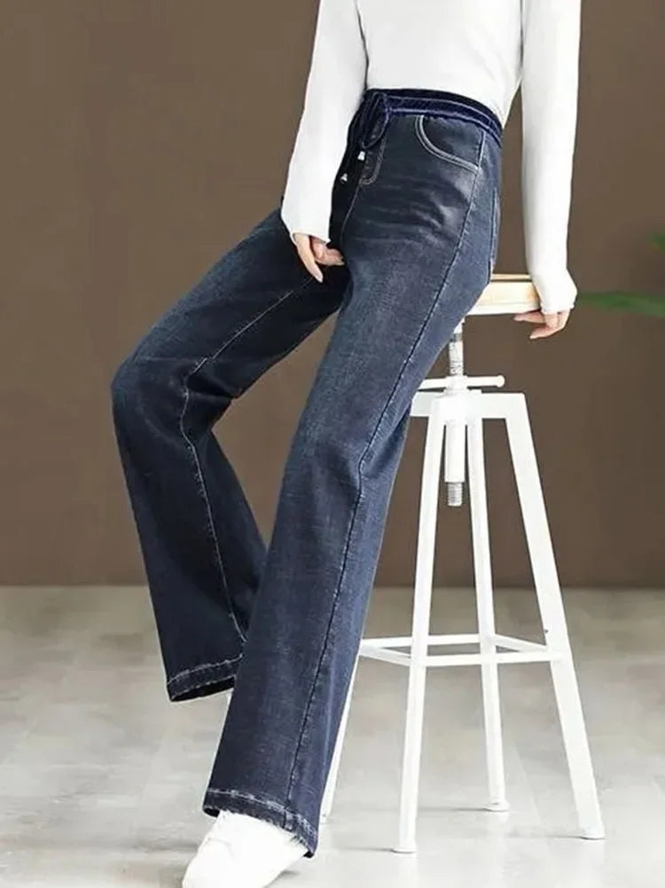 Winter Wide Leg Denim Pants Women Thicken Plush Velvet Lined High Waist Jeans Lace Up Warm Baggy Straight Vaqueros Pantalones