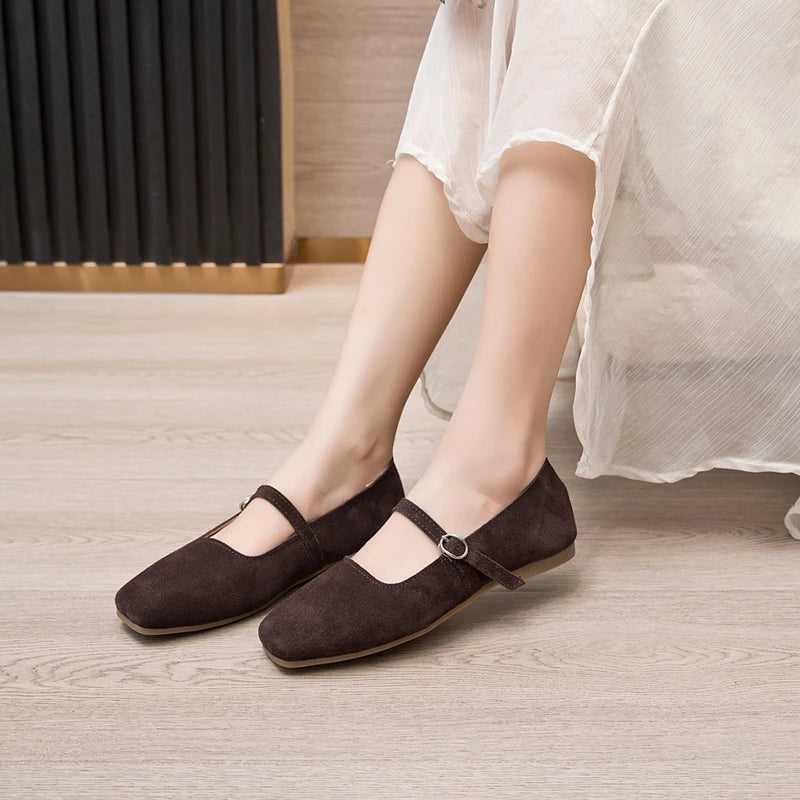 AIYUQI Women's Genuine Leather Square-Toe Ballet Flats