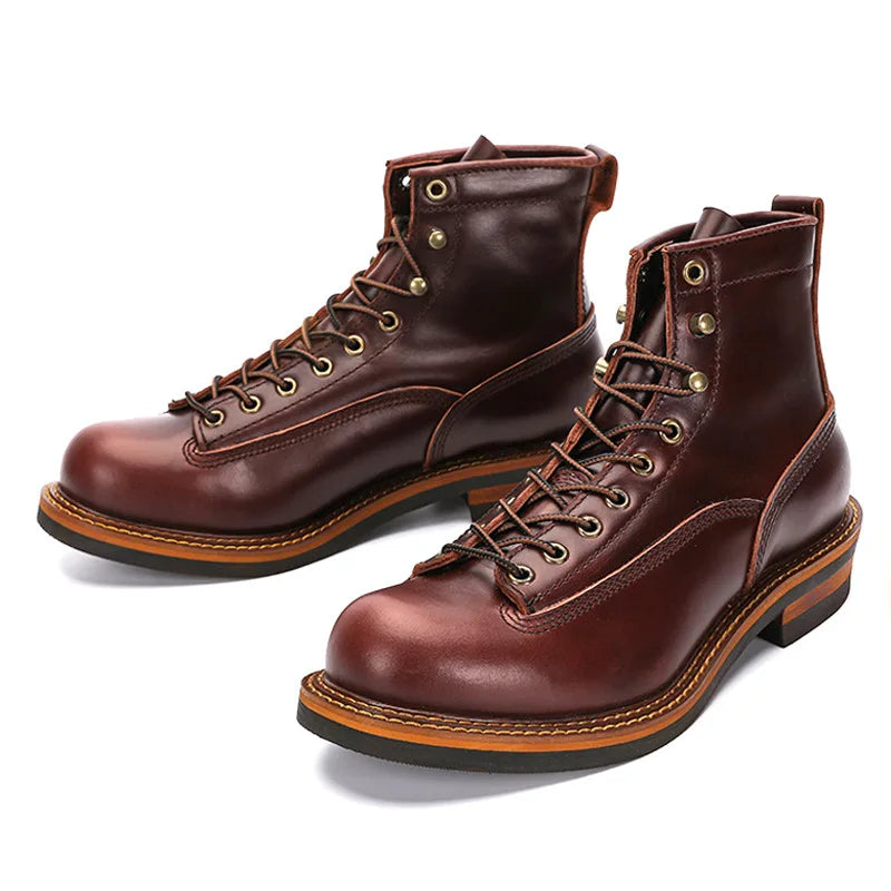 KOWM Hiking shoes men's walking boots British cowhide high top motorcycle boots ankle casual sneakers trekking shoes thick soled