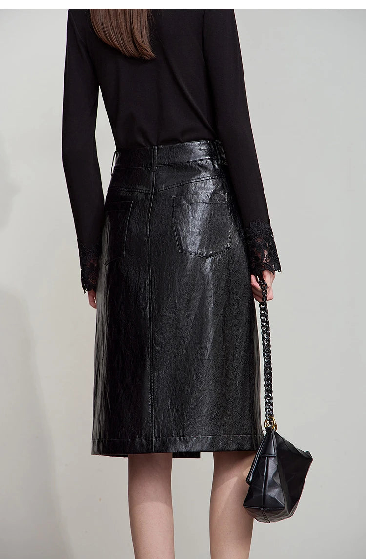 AMII Minimalist PU Leather Skirt for Women