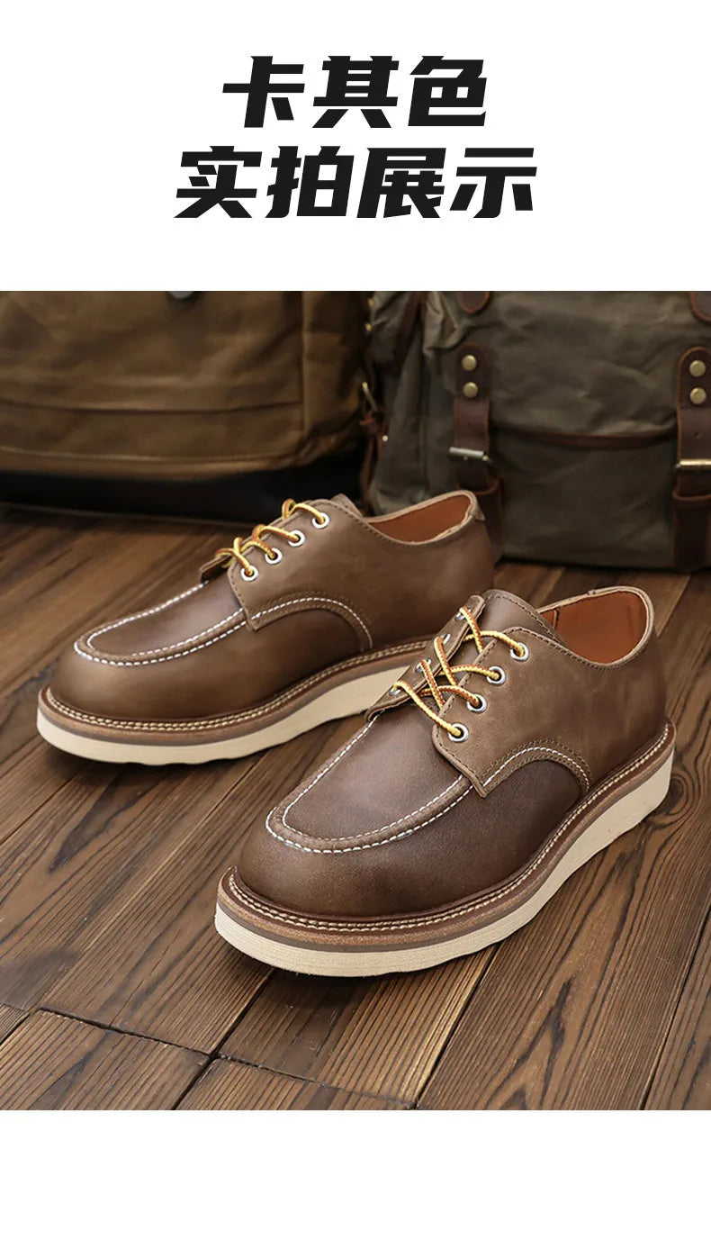 KOWM cow leather Hiking shoes Brown trekkin boots men  low cut workwear big toe shoes trendy casual ankle shoes walking sneakers